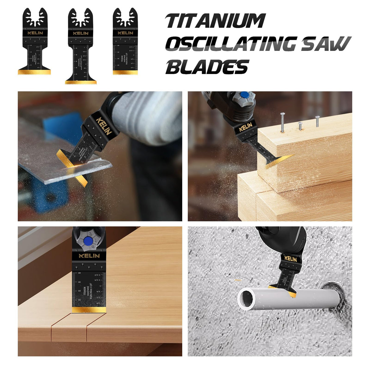 18 PCS Titanium Oscillating Tool Saw Blades with Stainless Steel Scraper and Semicircle Blades Kit, Universal Multi Tool Blades for Light Metal Sheet Pipe and Wood (NOT for Star Lock Interface) KELIN