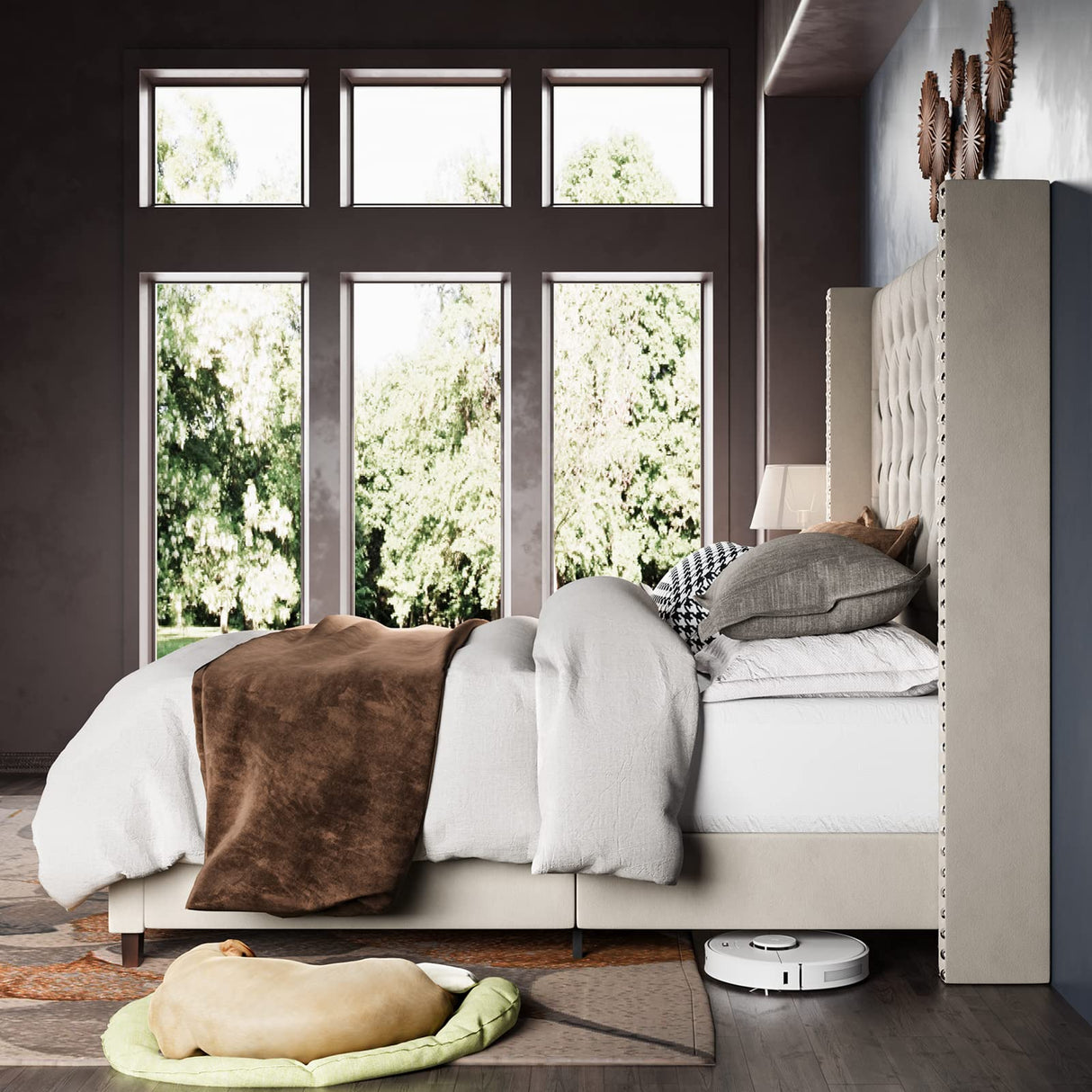 Jocisland Velvet Upholstered Bed Frame King Size 61.4" Tall Headboard King Bed Frame/Deep Button Tufted/No Box Spring Needed/Cream Jocisland