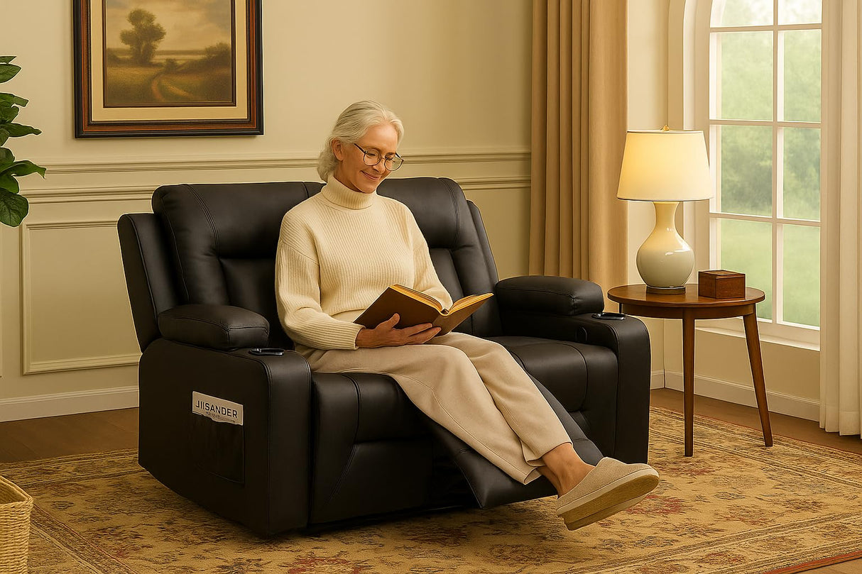 LUCKLIFE Leather Recliner Sofa Set with Manual Recliners,Living Room Furniture Set with Reclining Couch,Loveseat and Armchair,Living Room Chair with Cup Holders,Black (2) LUCKLIFE