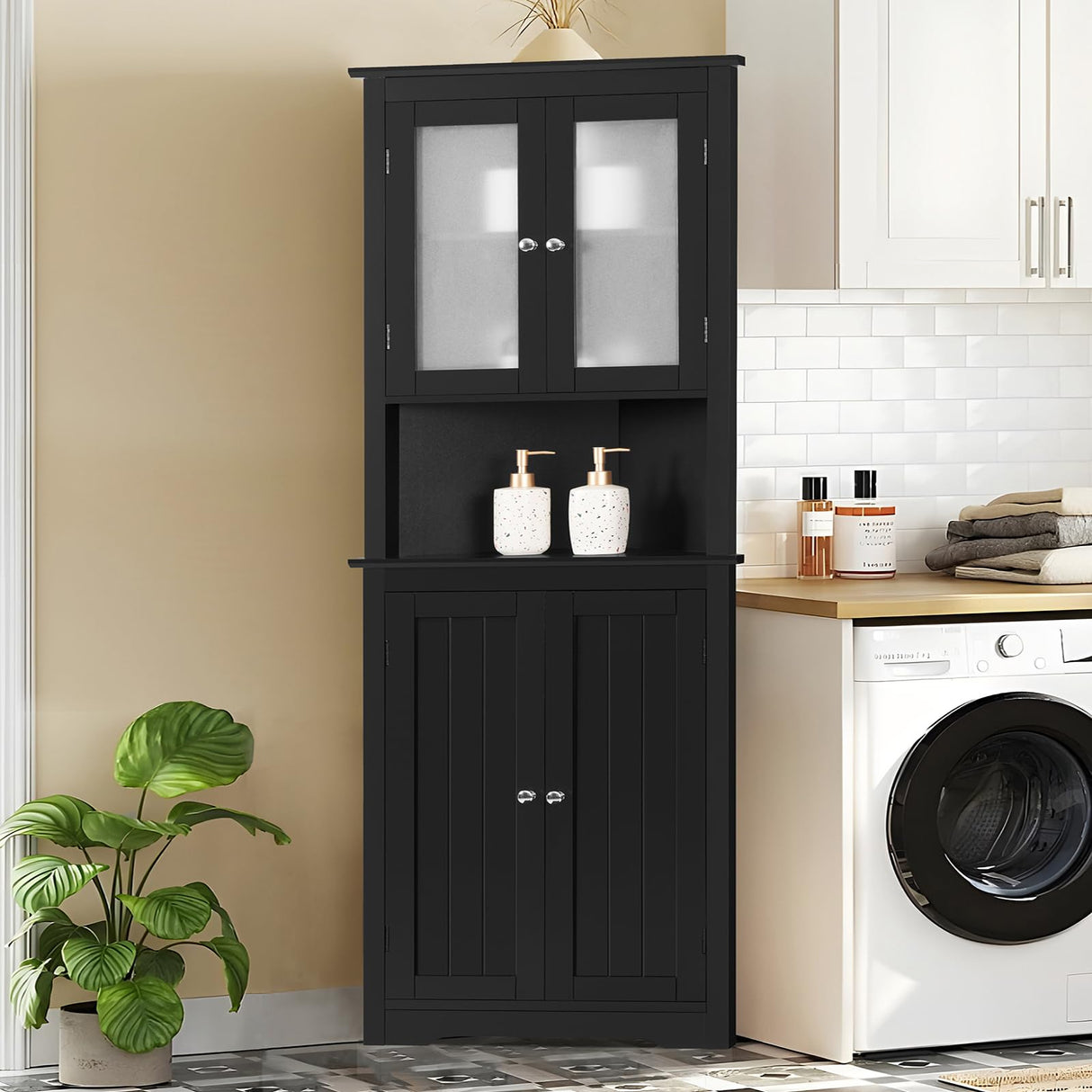 Iwell 63.8" Tall Corner Cabinet with 4 Doors and 5 Storage Shelves, Corner Bathroom Cabinet, Home Space Saver for Bathroom, Living Room, Kitchen, Black Iwell