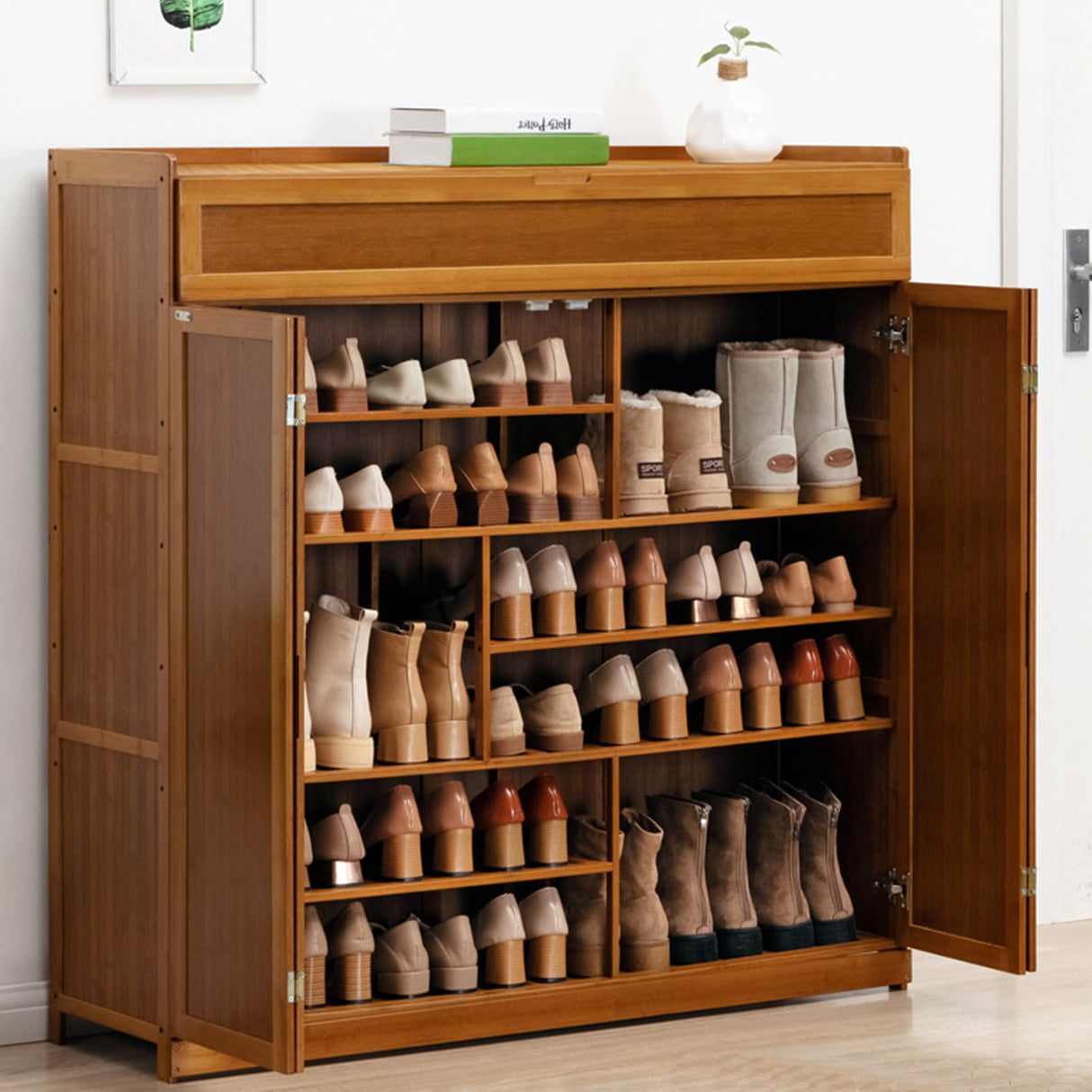 wrdela 7 Tier Bamboo Shoe Storage Cabinet, Freestanding Shoe Rack with Doors, Shoe Cabinet with 1 Flip Drawers Shoe Organizer for Entryway Slim, Hallway, Bedroom (Brown - Flip) wrdela