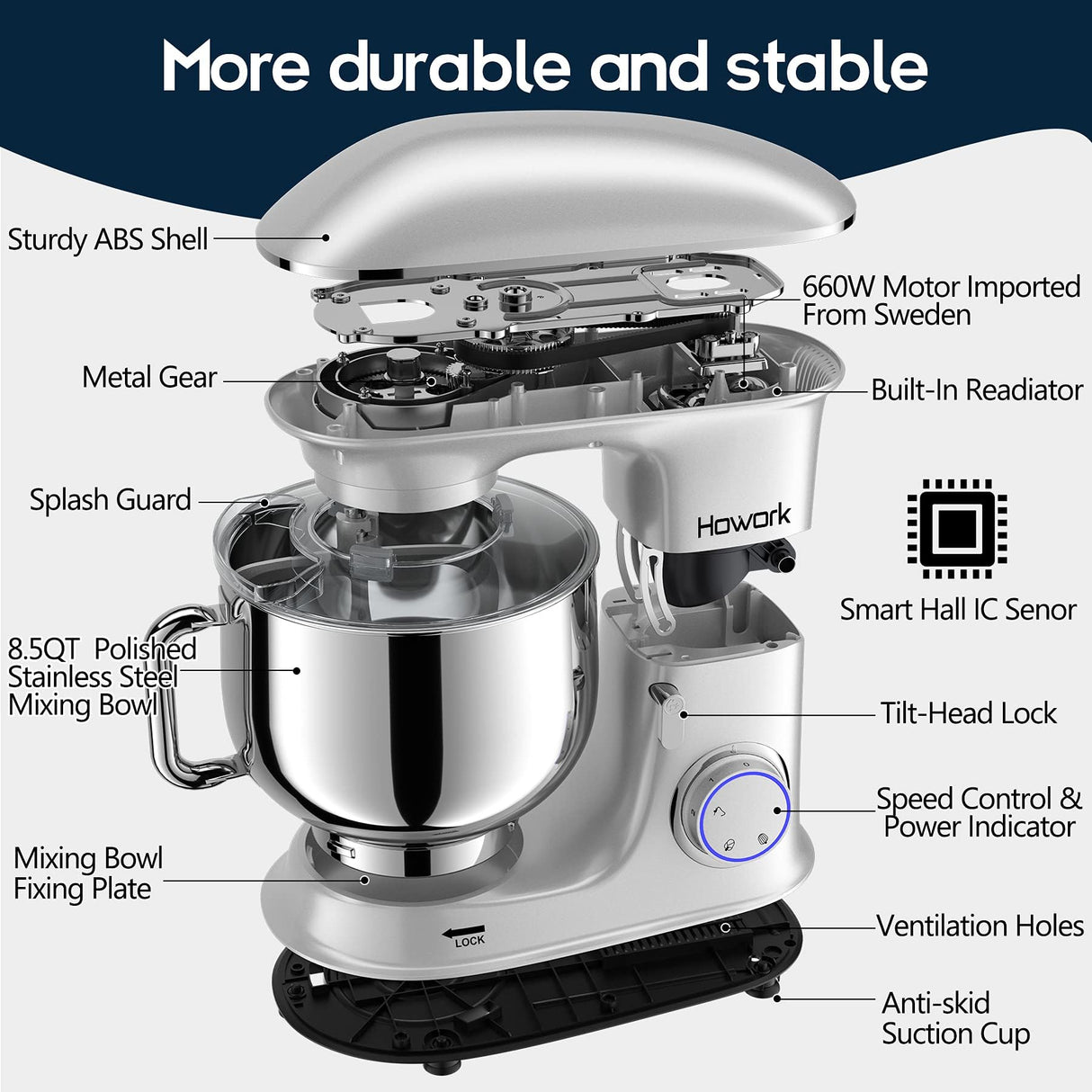 HOWORK 8.5QT Stand Mixer, 660W 6+P Speed Tilt-Head, Electric Kitchen Mixer With Dishwasher-Safe Dough Hook, Beater, Wire Whip & Pouring Shield(8.5 QT, Silver) HOWORK