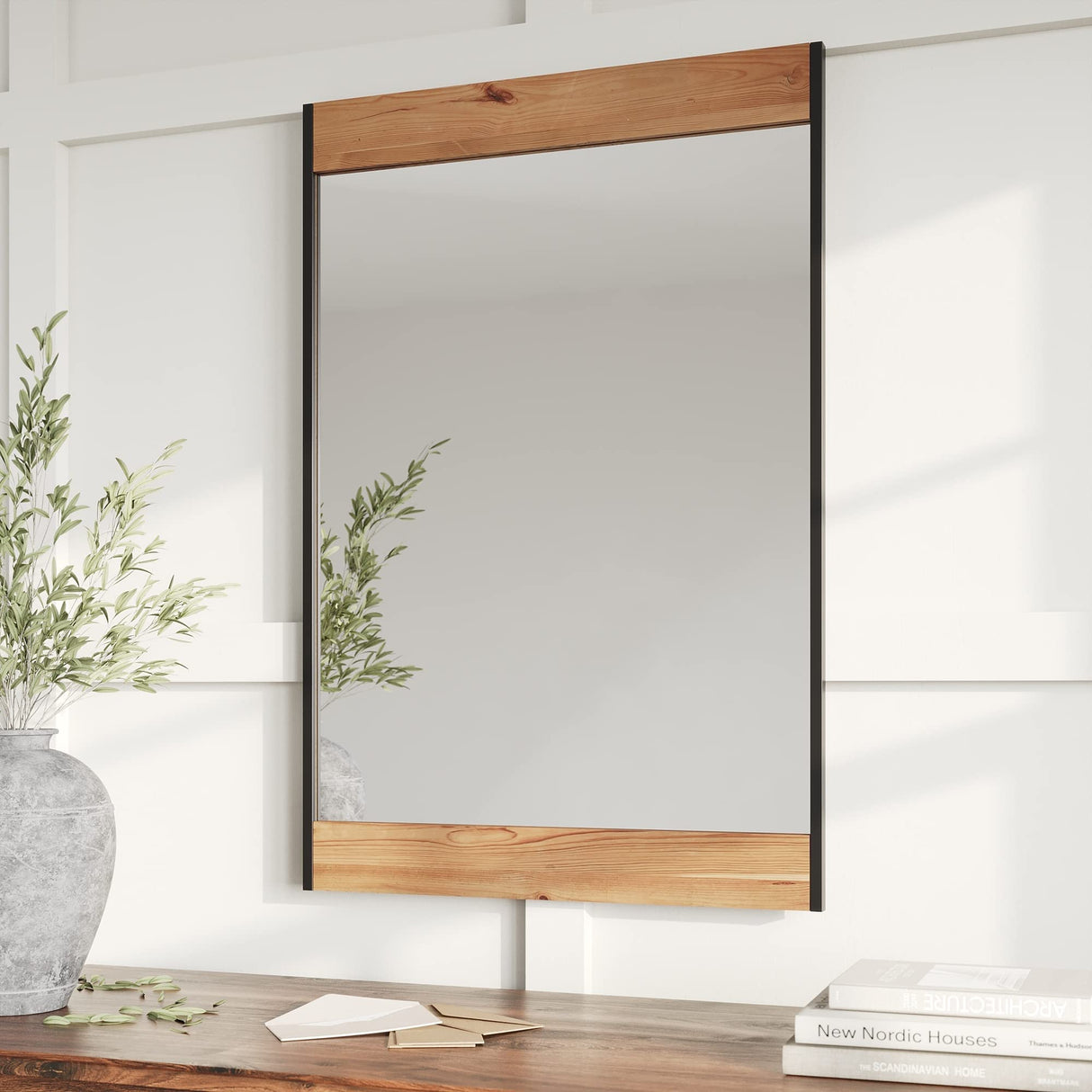 Barnyard Designs 24x36 Wooden Farmhouse Wall Mirror - Modern Rustic Metal and Wood Frame Mirror for Bathroom Vanity, Brown Barnyard Designs