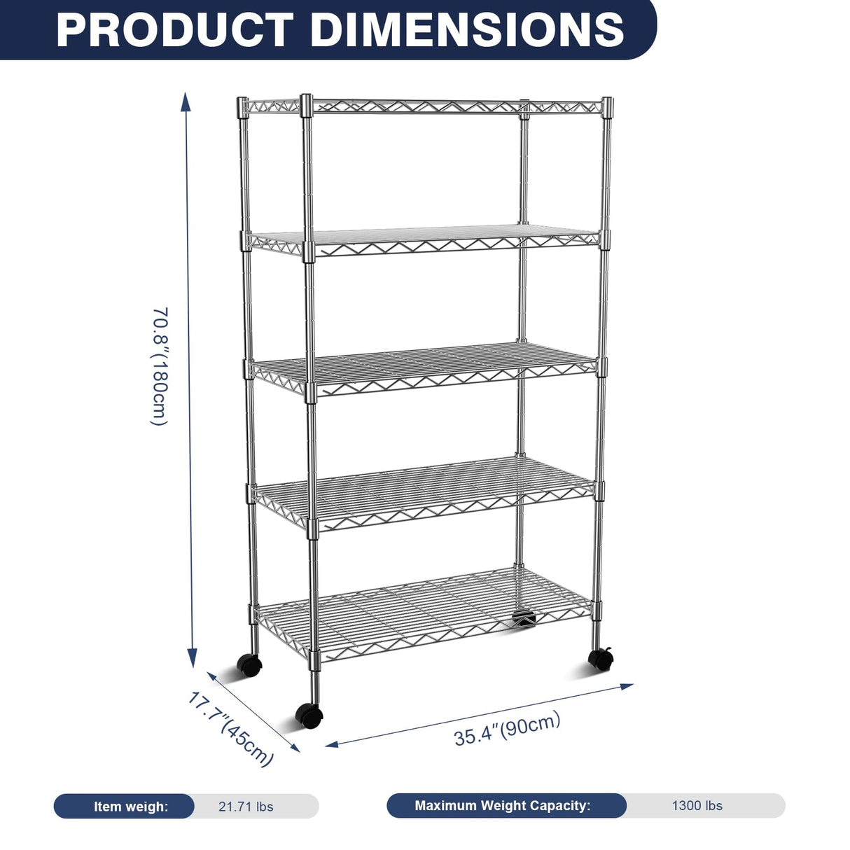 VANZBON 5-Tier Heavy Duty Metal Shelf,Chrome Wire Shelving Unit 35" Wx18 Dx71 H,Height Adjustable Storage Wire Shelves with Lockable Wheels for Garage,Kitchen,Office,Bathroom,Studio VANZBON