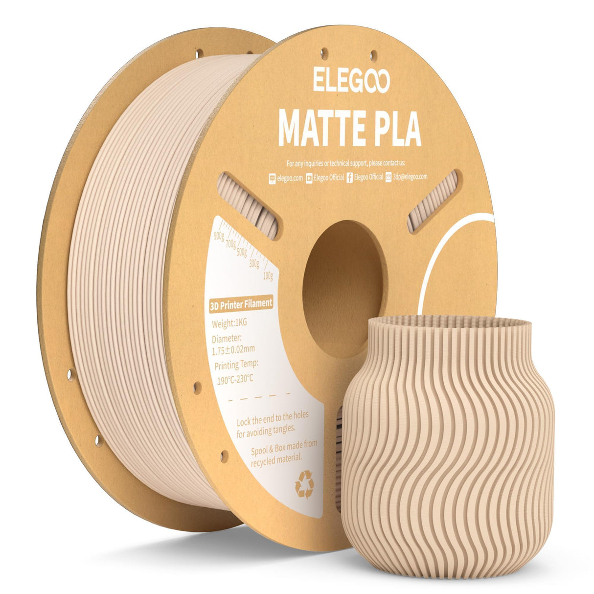 ELEGOO Matte PLA Filament Beige 1KG, 1.75mm 3D Printer Filament Dimensional Accuracy +/- 0.02mm, 1kg Carboard Spool (2.2lbs) for Most FDM 3D Printers ELEGOO