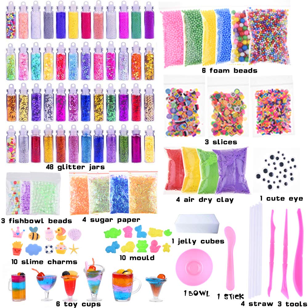 Slime Supplies Kit, 135 Pack Slime Making Kit 30 Crystal Slime, Glitter Jars, Charms, Sugar Paper, Foam Beads, Fishbowl Beads, Toy Cups, Slices, Air Dry Clay and Tools for Kids Girls by WINLIP WINLIP