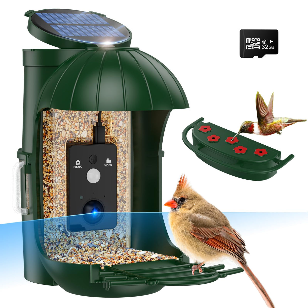 Relassy Bird Feeder with Camera, Waterproof Smart Bird Feeder with Camera Solar Powered for Outdoors, Rechargeable & Detachable 110° Bird Feeder Camera, Auto Capture Bird HD Videos & Photos, Green Relassy