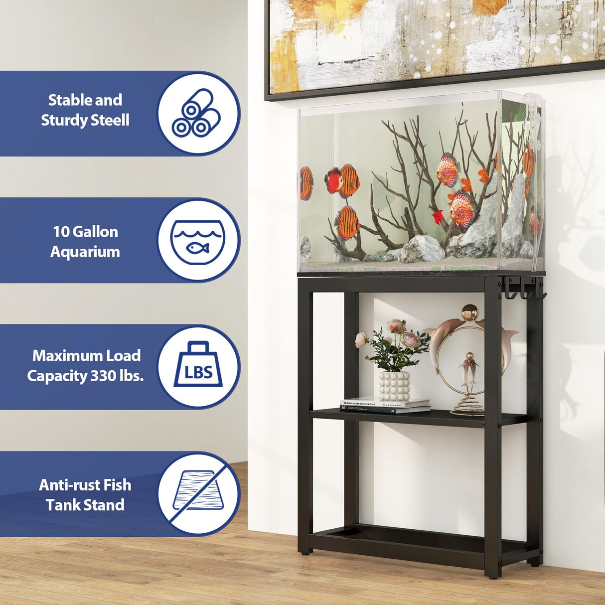 Livofloral 10-20 Gallon Fish Tank Stand with Storage Shelf, Aquarium Stand Measuring 24.8" W x 9.5" D x 30.1" H with Hooks,Heavy Duty Metal Turtle Reptile Tank Stand, Easy Assemble Livofloral