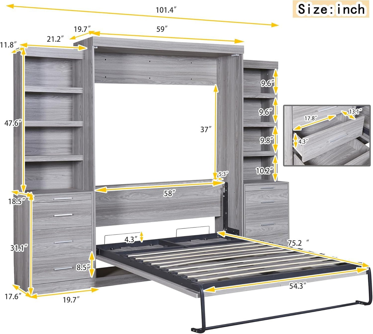 Full Murphy Bed with Bookcase Shelves and 6 Drawers,Metal & Pine Wood Folding Murphy Wall Bed Cabinet for Adults MERITLINE
