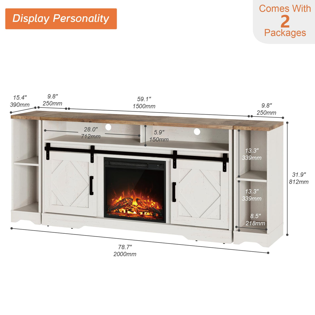 WAMPAT Fireplace TV Stand for TVs Up to 85 Inch, Farmhouse Wood Highboy Electric Fireplace Entertainment Center with Open Storage 2 Heating Mode and 5 Brightness for Living Room, Antique White WAMPAT