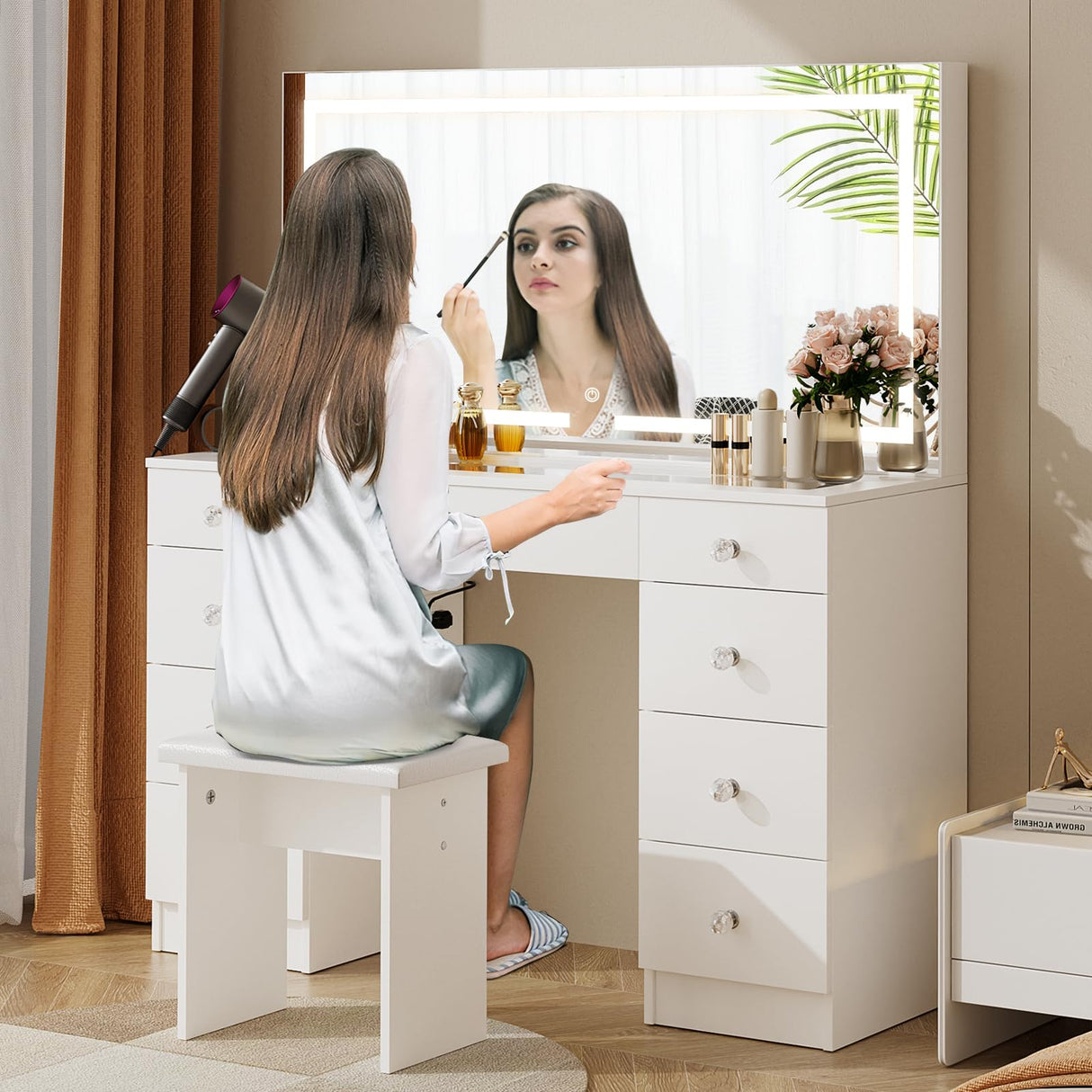 VOWNER Vanity with Lighted Mirror - 47" Glass Top Makeup Vanity Desk with 9 Drawers and Power Outlet, 3 Color Lighting Modes Adjustable Brightness, Makeup Desk with Cushioned Stool for Bedroom, White VOWNER