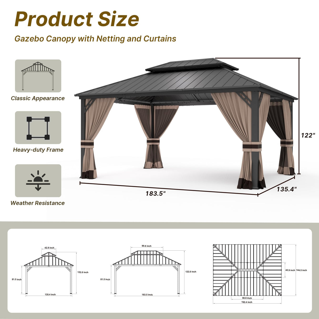 Gotland 2024 New 12' x 16' Hardtop Gazebo, Outdoor Iron Metal Double Roof Pergola with Curtains and Netting for Patio, Garden, Lawn, Khaki Gotland