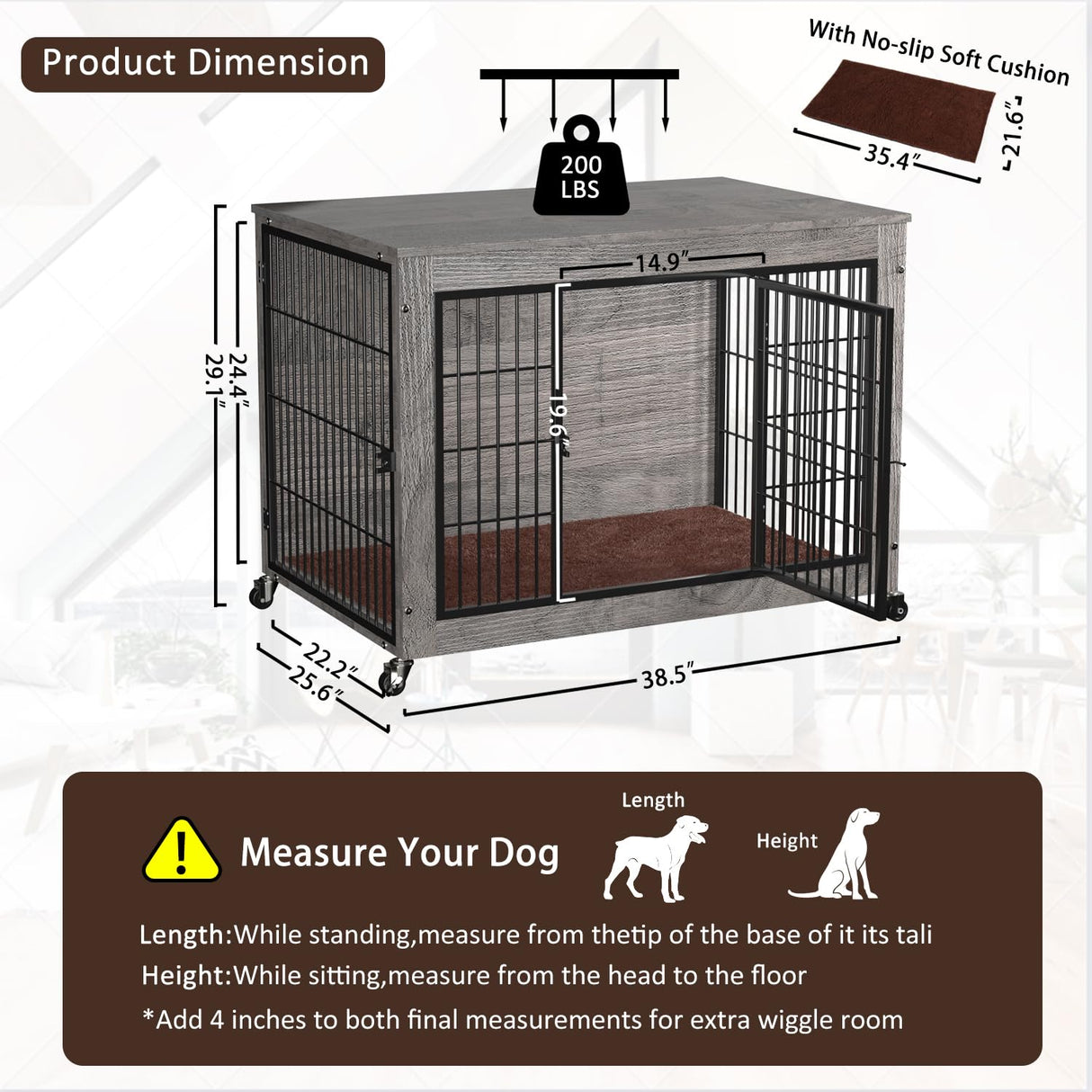 PRETZI Dog Crate Furniture with Cushion,38" Wooden Dog Crate nightstand with Double Doors, Grey Dog Kennel Indoor with Wheels, Decorative Pet Dog House for Small Medium Large Dog PRETZI