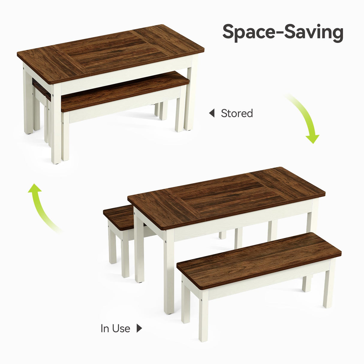 LITTLE TREE Dining Table Set for 4, Small Space Saving Farmhouse Kitchen Chairs, Compact 3-Piece Kitchen and Dining Room Furniture with 2 Wood Benches LITTLE TREE