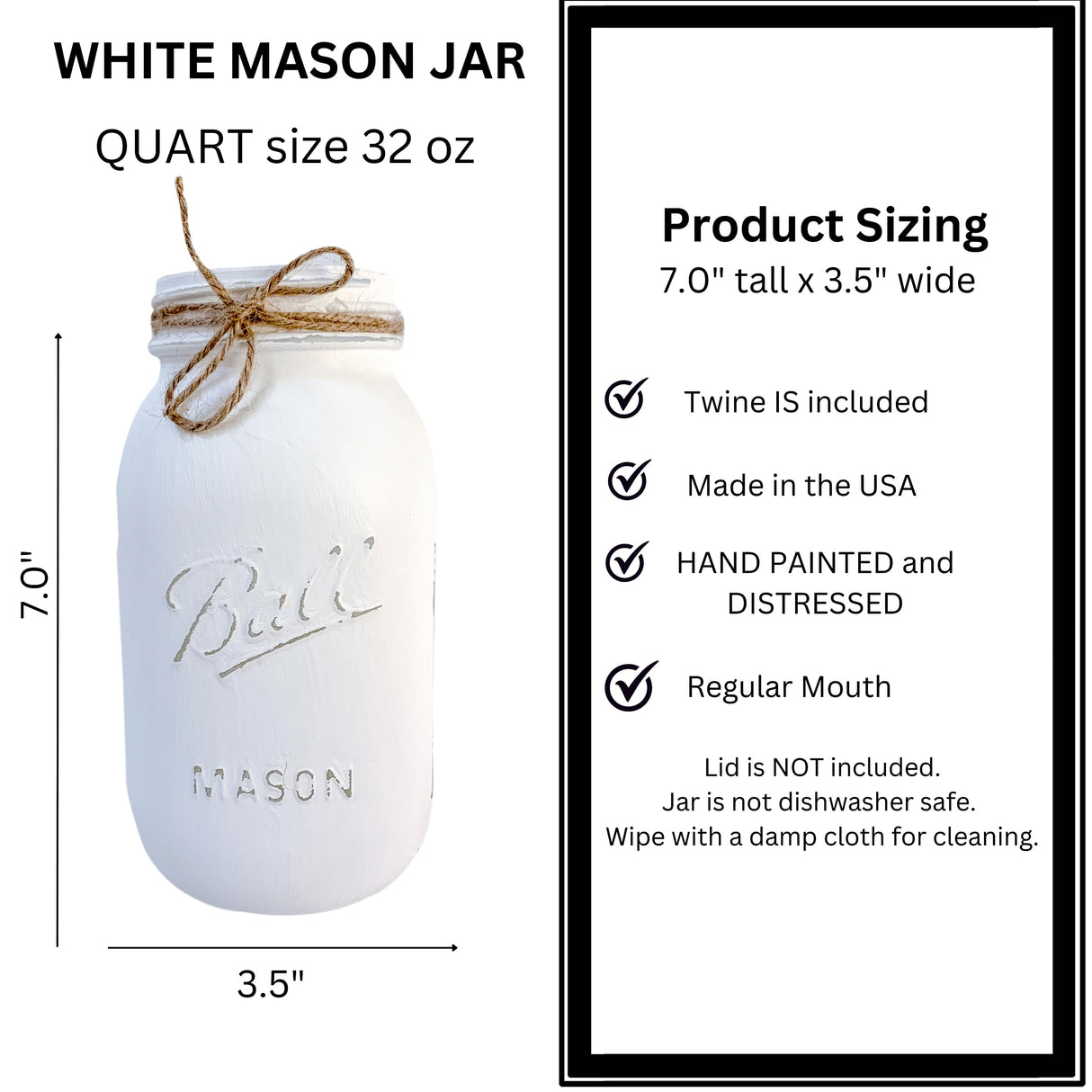 Rustic White Mason Jar Centerpiece – 32 oz Hand-Painted Quart Jar for Weddings, Baby Showers, Bridal Showers, Farmhouse Table Decor (White Jar - No Flowers) Viva's Flower Shop