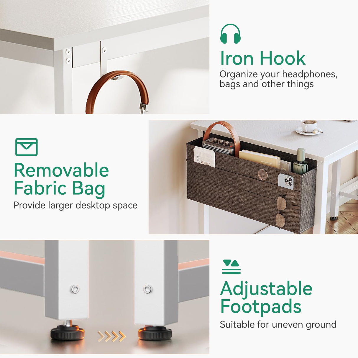 Casaottima 32 inch Small Computer Desk with 4 Fabric Drawers, Side Hook and Cloth Bag, Kids Study Table for Bedroom and Small Space, Pure White Casaottima