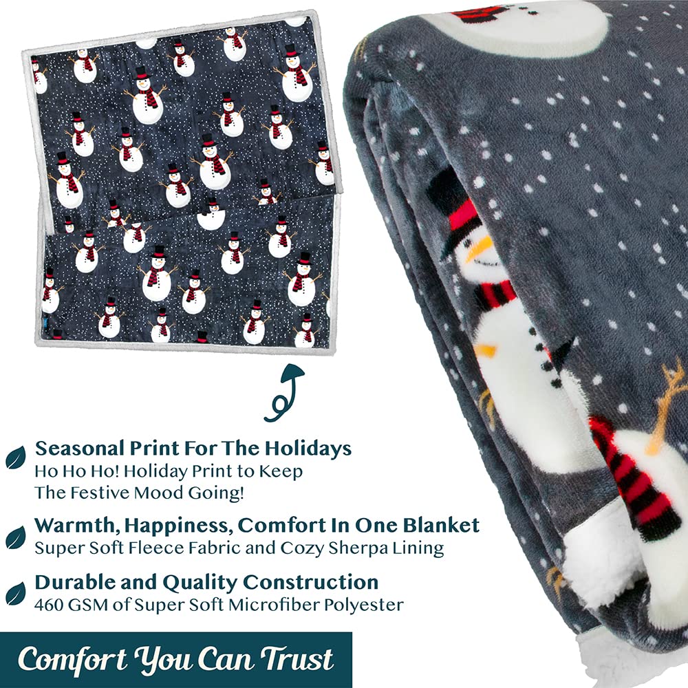 PAVILIA Premium Christmas Sherpa Throw Blanket | Snowman Decoration, Fleece, Plush, Warm, Cozy Reversible Microfiber Holiday Blanket 50 x 60 PAVILIA