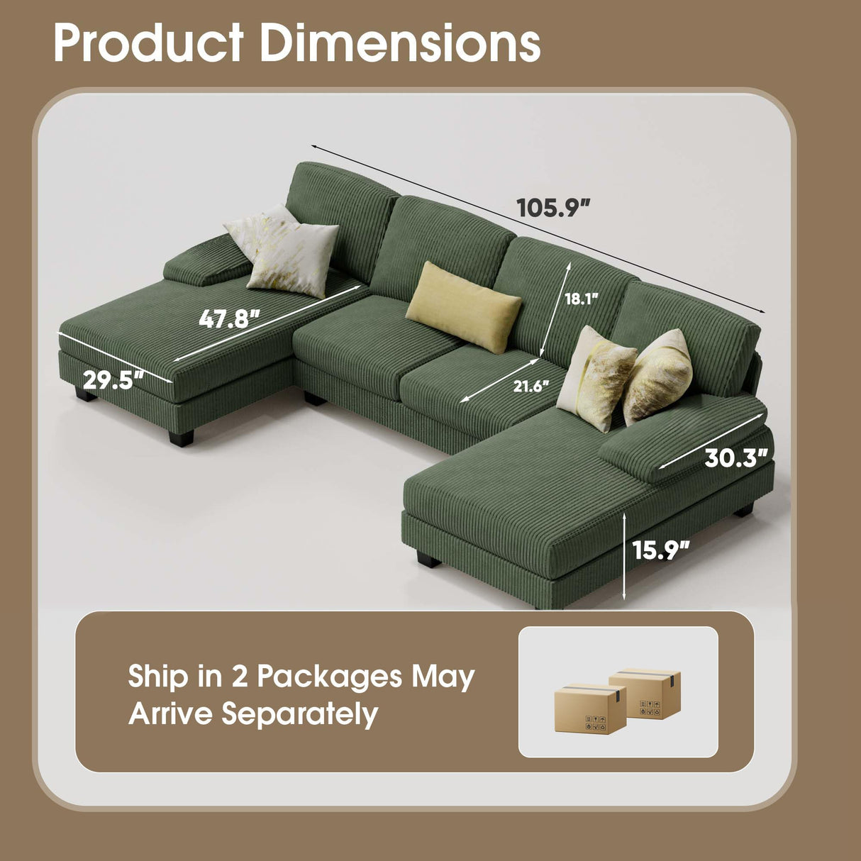 Furmax Sectional Couches for Living Room, U-Shaped Sofa Couch with Linen Fabric, 4 Seat Sofa Set with Double Chaise for Apartment (Corduroy, Dark Green) Furmax