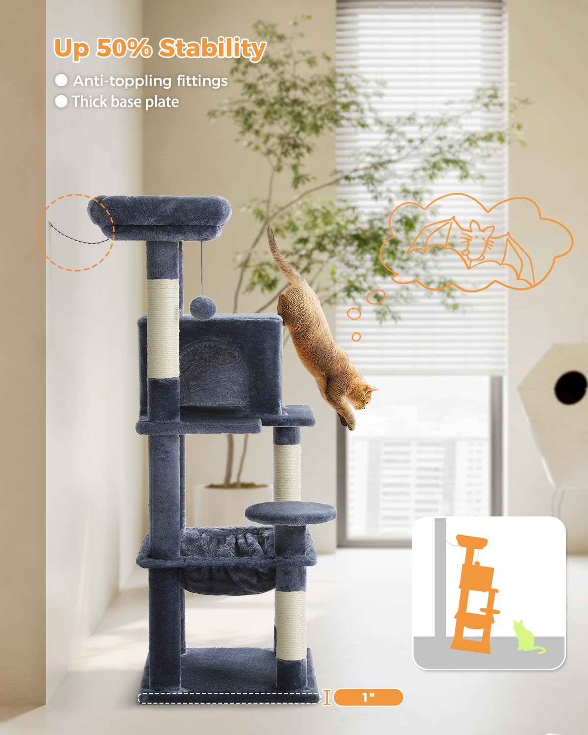 45.7" H Cat Tree Modern Wooden Cat Tower with Super LargeCat Condo and Hammock, 6 Tiers Cat Activity Center with Cat Scratching Post and Removable Soft Perches for Indoor Cats, Dark Grey BEROXII
