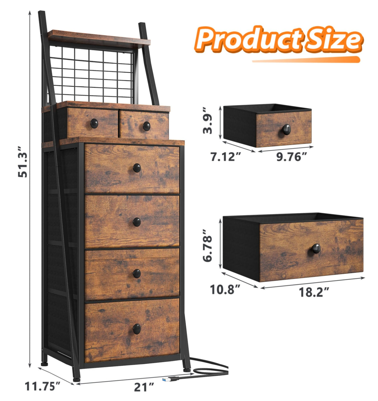 EnHomee Vertical Dresser for Bedroom 6-Drawer LED Dressers & Chest of Drawers Sturdy Bedroom Dressers with Grid for Living Room,Closet,Entryway,Dorm,Rustic Brown EnHomee