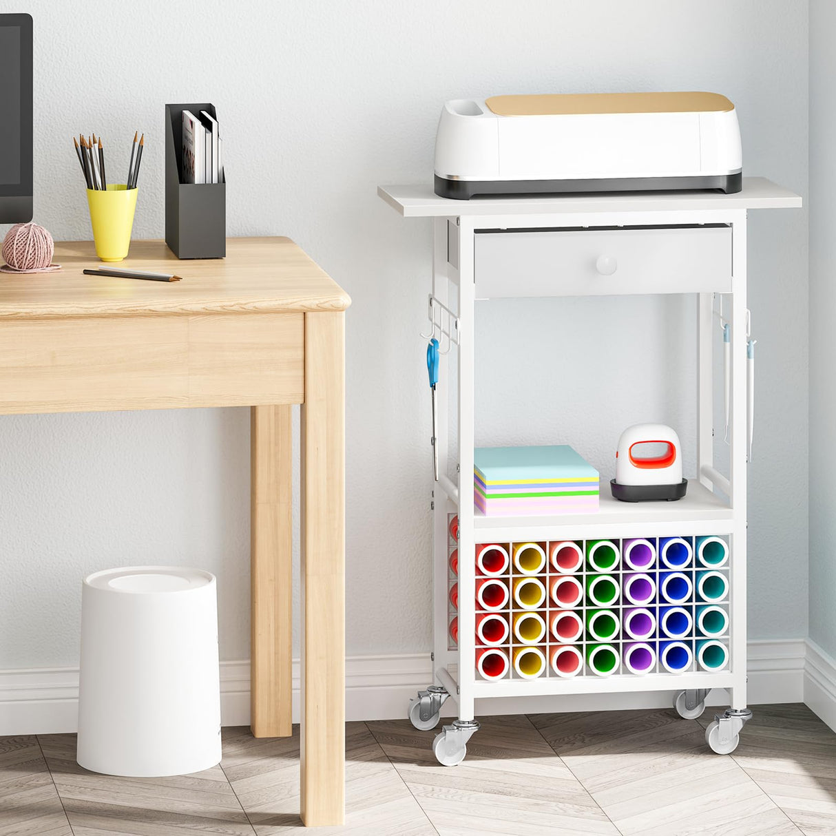 Snughome Craft Cart Compatible with Cricut Maker, Craft Organizers and Storage for Cricut Cart Organizer Table with Wheels, Drawer and 28 Vinyl Roll Holders, White, 23.6"(L) x 9.5"(D) x 31.7"(H) Snughome
