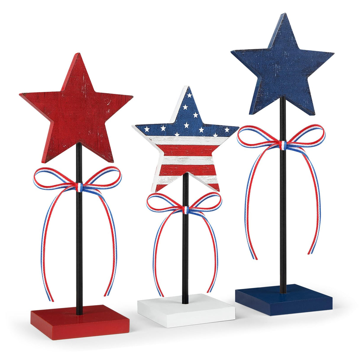 4th of July Tiered Tray Decor Wooden Star Set, 3 Pcs Memorial Day Table Decorations, Rustic Patriotic Tabletop Home Decor, Red White and Blue Decorations for Home (Retro) Hedeey
