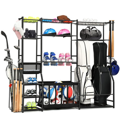Garage Sports Equipment Organizer, golf bag storage, Ball Storage, Upgraded Sports Organizer Rack for Balls with Holder and Hooks, Indoor/Outdoor Basketball Storage Bins for Toy Sports Gear Storage.