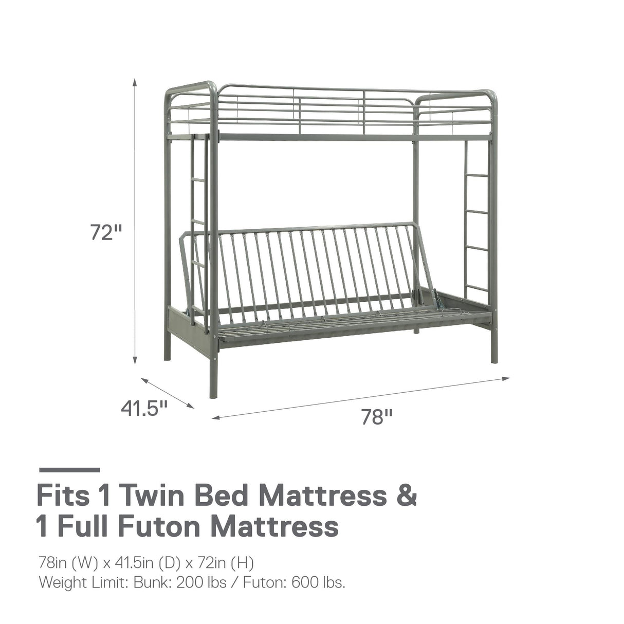 DHP Sammie Twin over Futon Metal Bunk Bed, Silver DHP