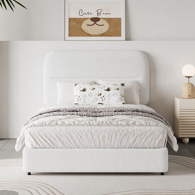 HOMBCK Twin Bed Frames Boucle Upholstered Platform Bed Frame Twin Size with Headboard for Kids/Thickened Footboard/Rounded Corners/No Box Spring Needed/Easy Assembly, White