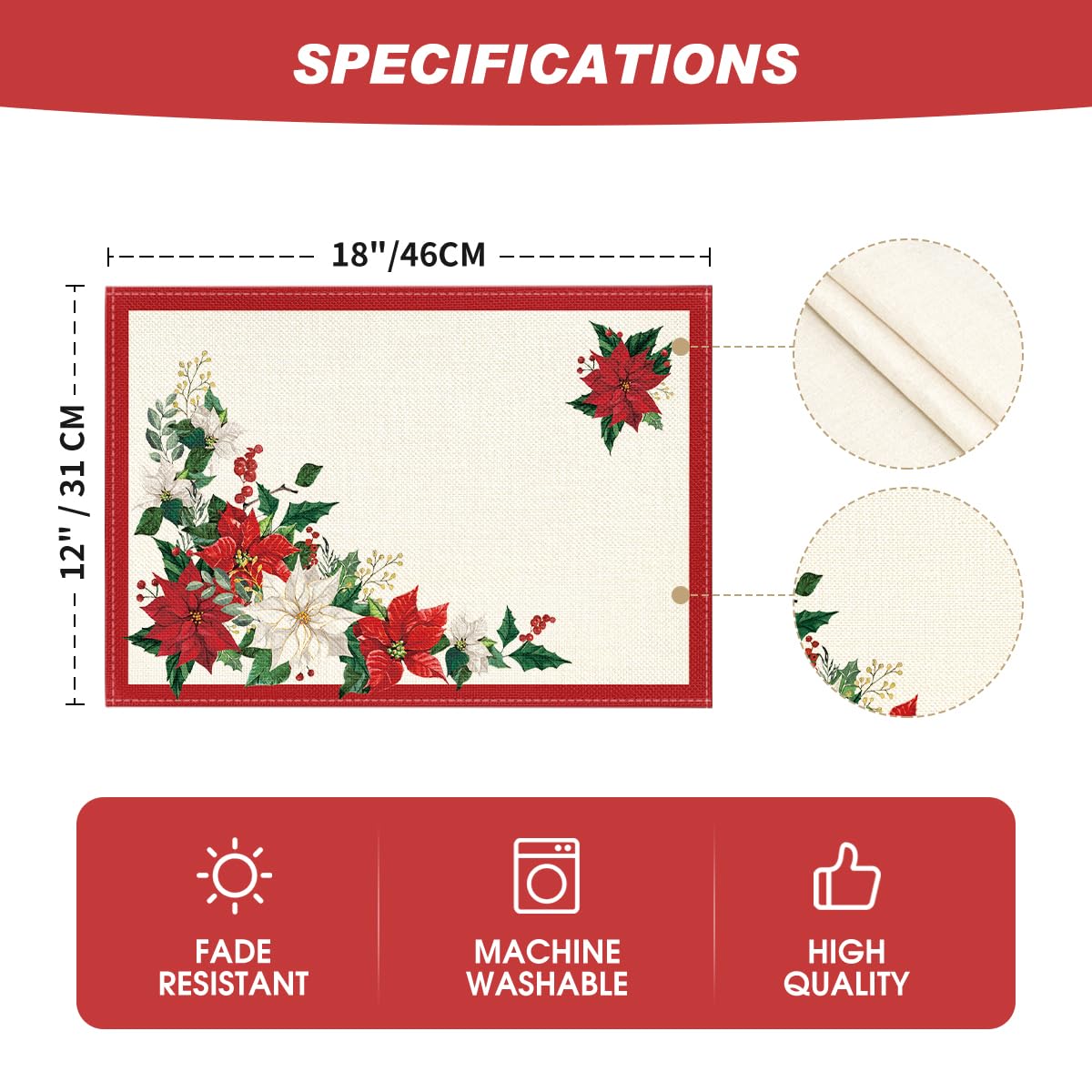Artoid Mode Beige Leaves Poinsettia Christmas Placemats Set of 4, 12x18 Inch Seasonal Winter Table Mats for Party Kitchen Dining Decoration Artoid Mode
