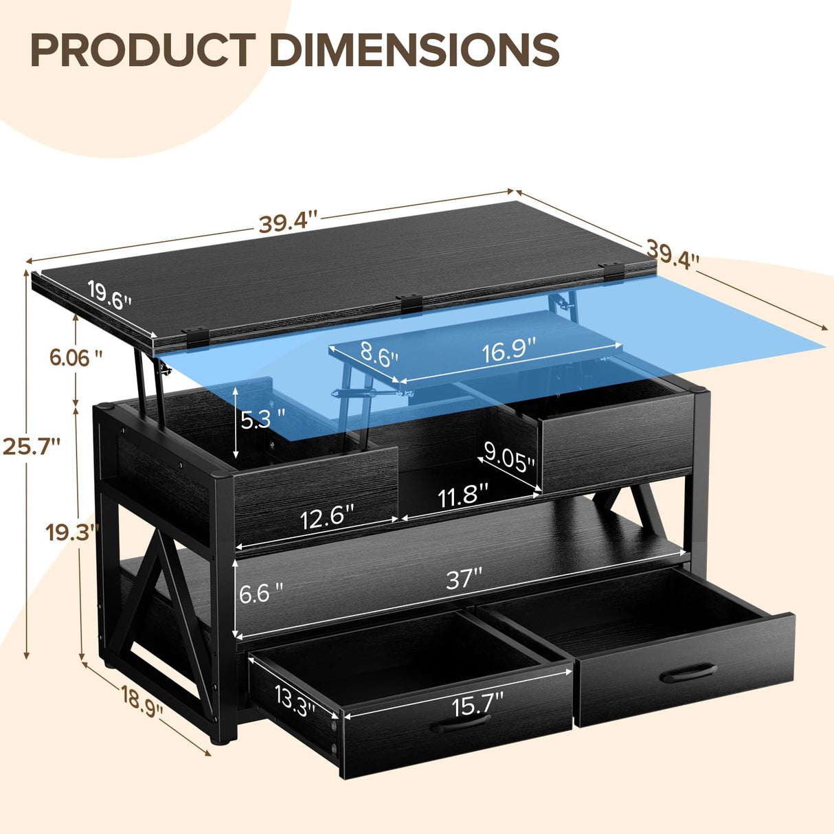 Memobarco 40" Lift Top Coffee Table,4 in 1 Multi-Function Lift Coffee Tables with Storage Drawers and Hidden Compartmen,Farmhouse Coffee Table with Lifting top for Living Room,Black Memobarco