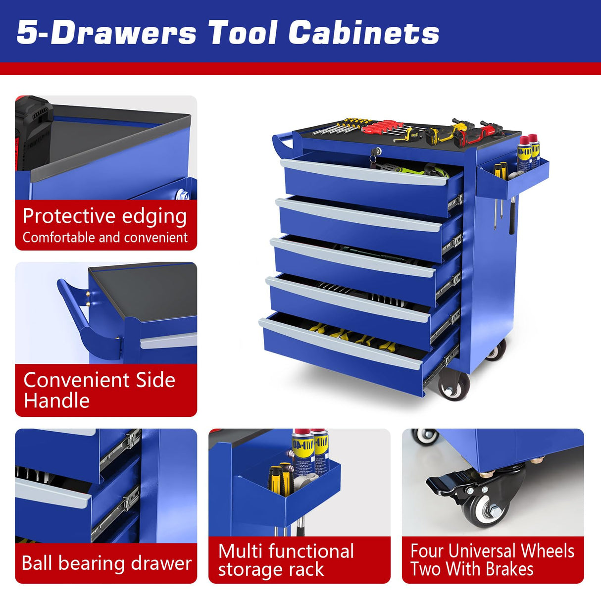 Barphygo 5-Drawer Rolling Tool Box, Tool Chest with Wheels & Lock Garage Storage Cabinets Tool Cart on Wheels, Toolbox Organization Workbench for Garage, Workshop, Warehouse & Repair Shop Barphygo