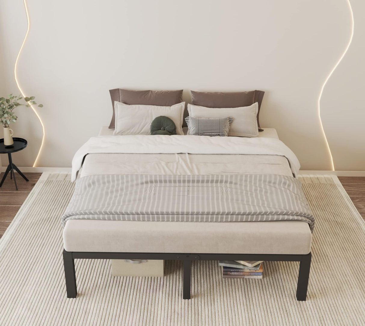 ROIL 14-Inch Heavy Duty Queen Size Bed Frame with Wooden Slats - No Box Spring Required, Noise-Free Design, and Mattress Stoppers ROIL