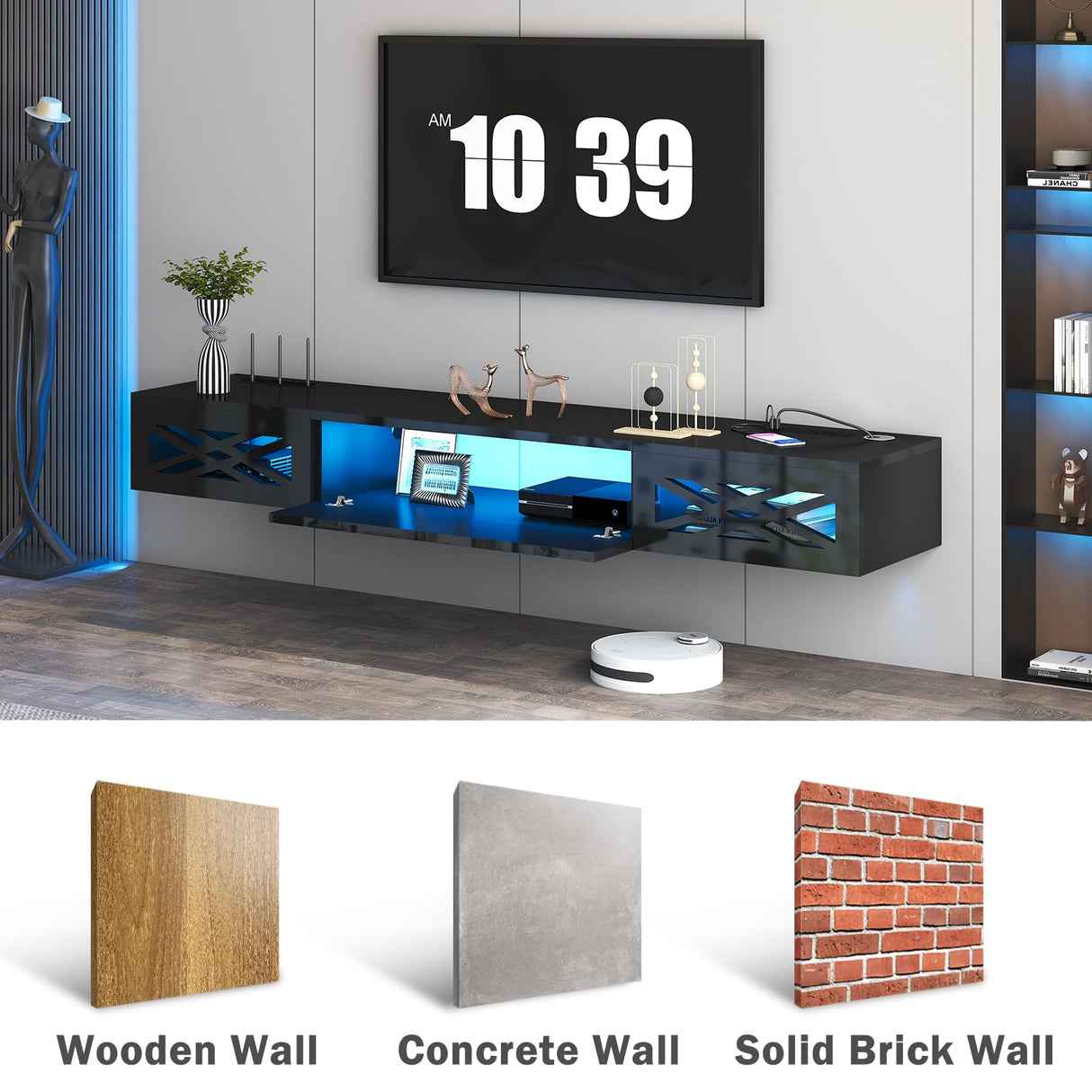 ANTISTA Floating TV Stand, 71" Floating Entertainment Center Wall Mounted,Floating Wall Mounted TV Shelf with Led Lights and Power Outlet,Modern High Gloss tv Cabinet Media Console with Storage ANTISTA