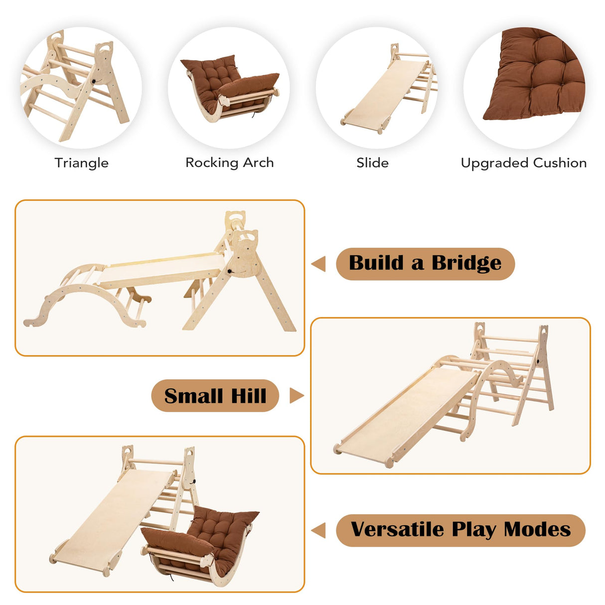 NEOCOZY Pikler Triangle Set with Cushion, Arch and Slide, Toddler Climbing Toys Indoor Playground, Montessori Climbing Set, Indoor Jungle Gym, Wooden Pickler-3 Piece Climbing Gym for Kids 2-6yr NEOCOZY