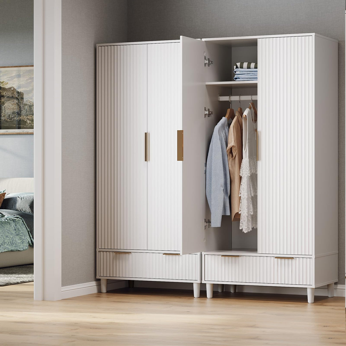 VINGLI Fluted Wardrobe Closet Armoire with Doors And Drawers, White Wardrobe Cabinet with Hanging Rack, Bedroom Closet Wood, Free Standing Armoire with Shelf and Solid Wood Legs, 31.5"W*19.7"D*69.3"H VINGLI