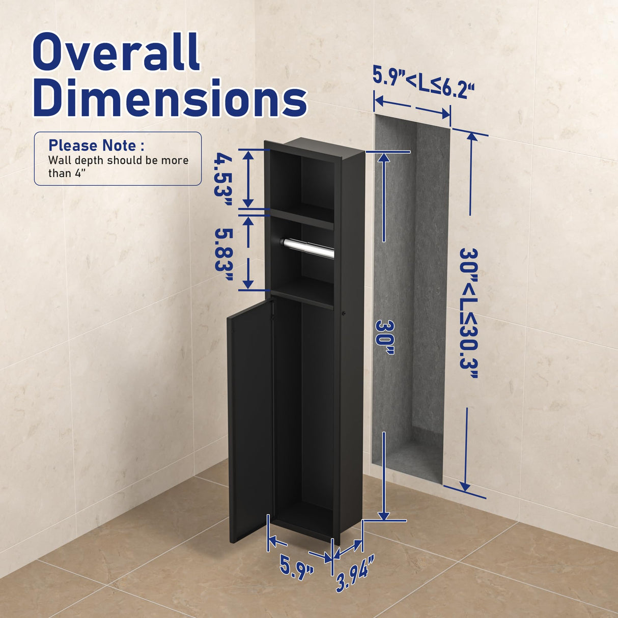 Bernkot in Wall Toilet Paper Niche w/Shelf, Recessed Toilet Roll Holder for Bathroom Remodeling, 304 Stainless Steel Covered Brush Holder (Matte Black) Bernkot