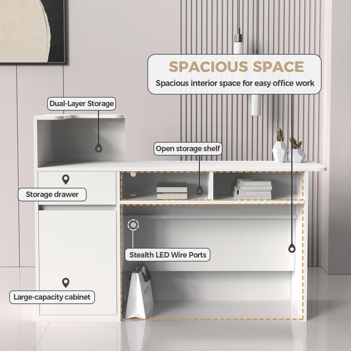 Anzhap Reception Desk with Counter - Front Desk Reception Counter with Hidden Cable Management, Lockable Drawer and Storage Cabinet for Salon,Office,Lobby,Cashier (White+Natural/Right,59"L*19"W*39"H) Anzhap