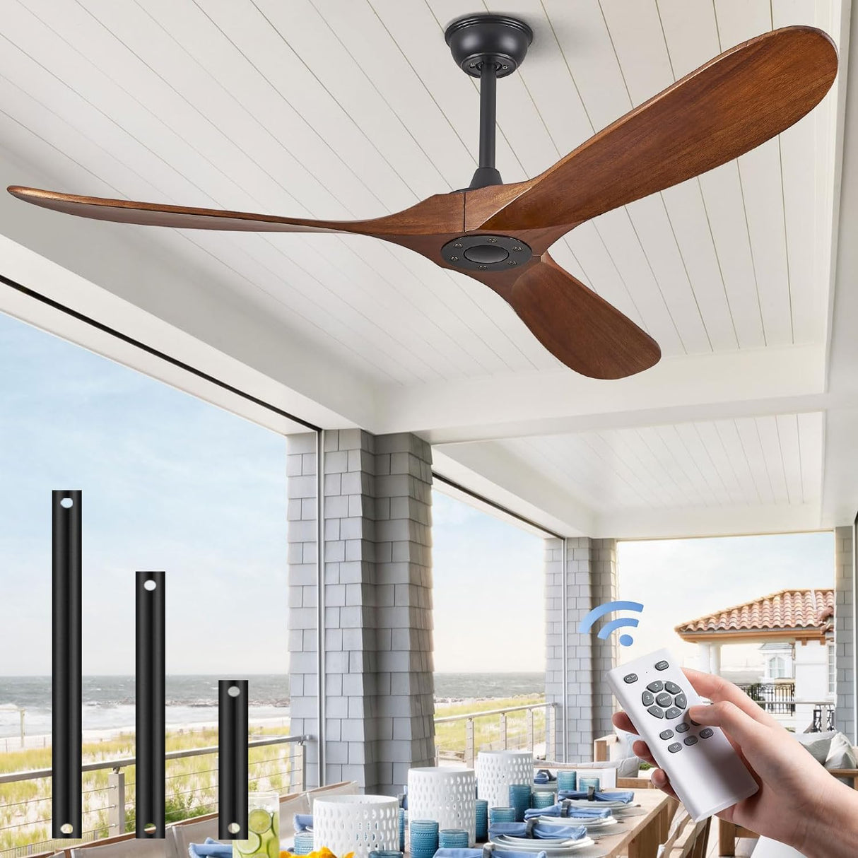 ABZ 60" Ceiling Fans Without Lights, 60 Inch Outdoor Ceiling Fans no Light, 3 Blade Solid Wood Ceiling Fan with Remote Control for Patios Living Room Bedroom Porch ABZ