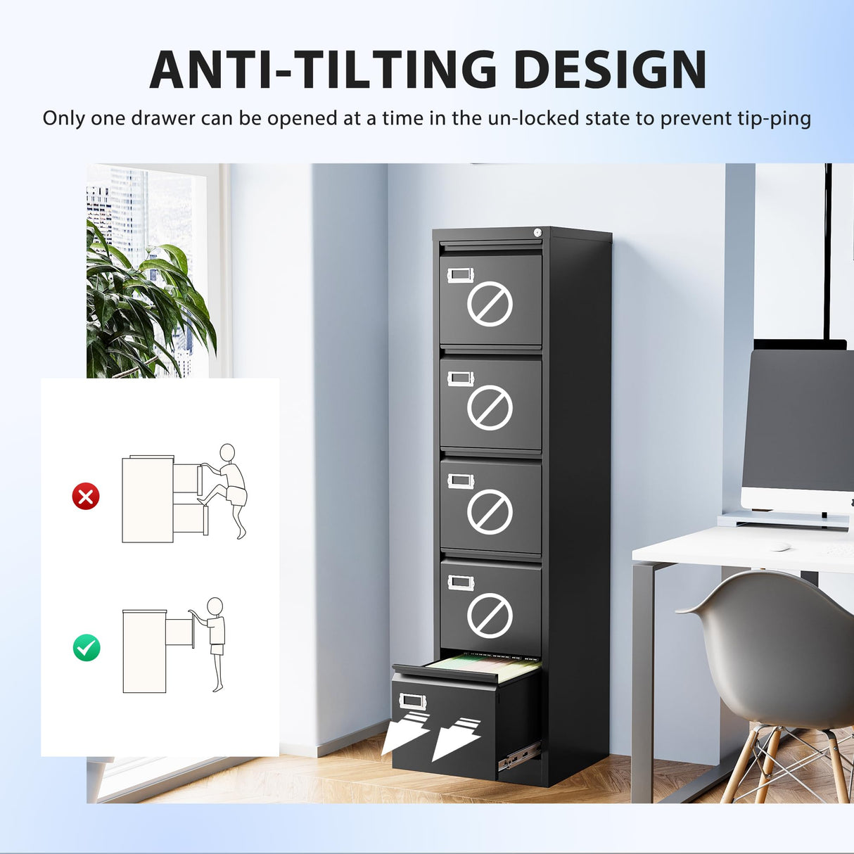 Anxxsu 5 Drawer File Cabinet, Filing Cabinets for Home Office, Vertical File Cabinet with Lock, 64.3" H Locking File Cabinet for A4 Legal/Letter, Assembly Required (Black) Anxxsu