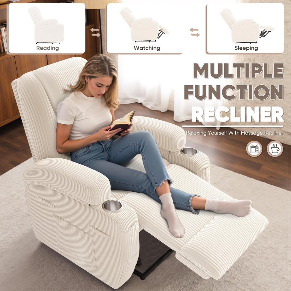 Power Lift Recliner Chair for Elderly with Massage Electric Lift Recliner Chairs with Cup Holders Side Pockets for Living Room (Corduroy, White) Shahoo