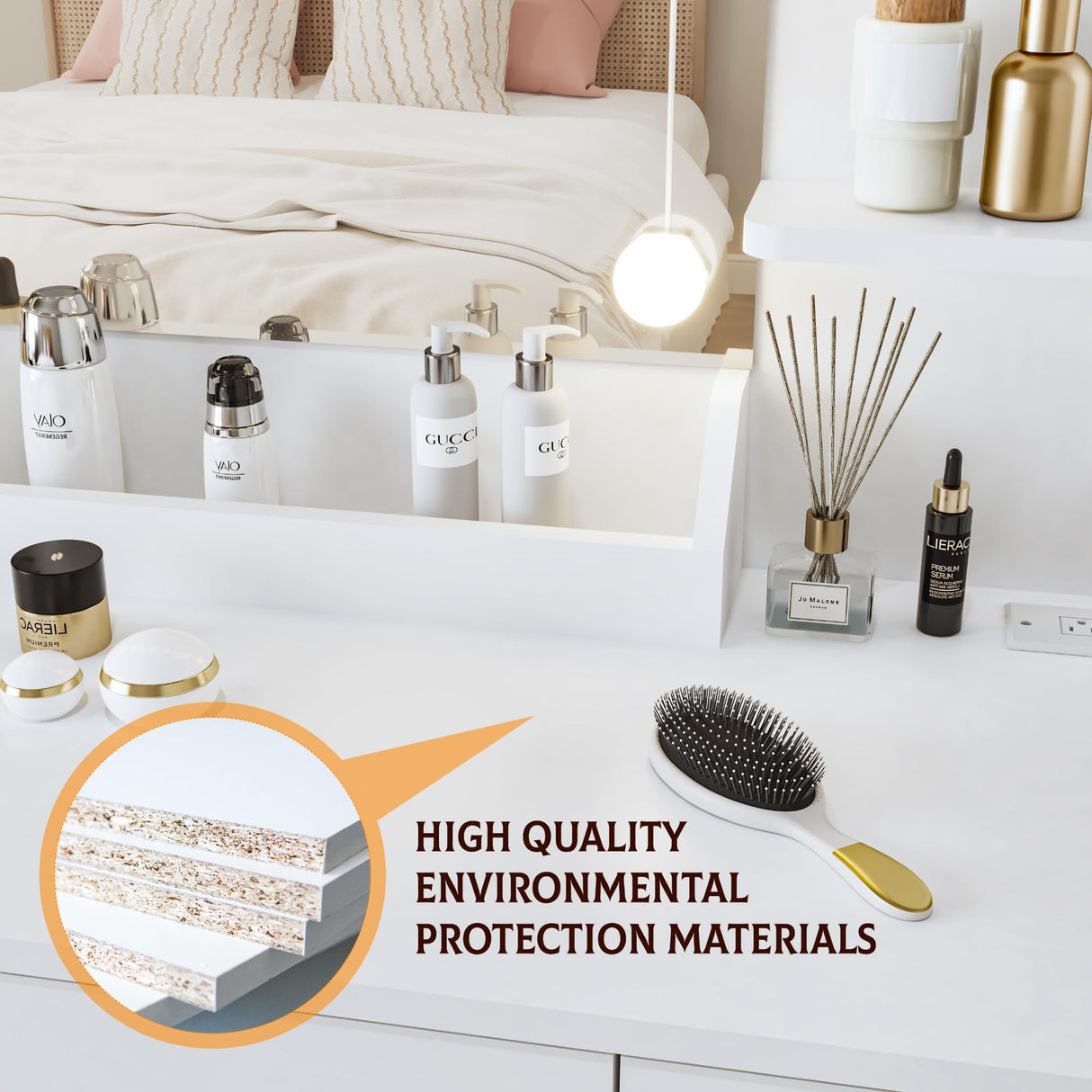 Yegosh Vanity Desk with Mirror and Lights Dimmable LED Makeup Vanity Table with Drawers Side Cabinet 3 Storage Shelves Power Outlet Dressing Table Set include Holder Cushioned Stool for Bedroom(white) Yegosh