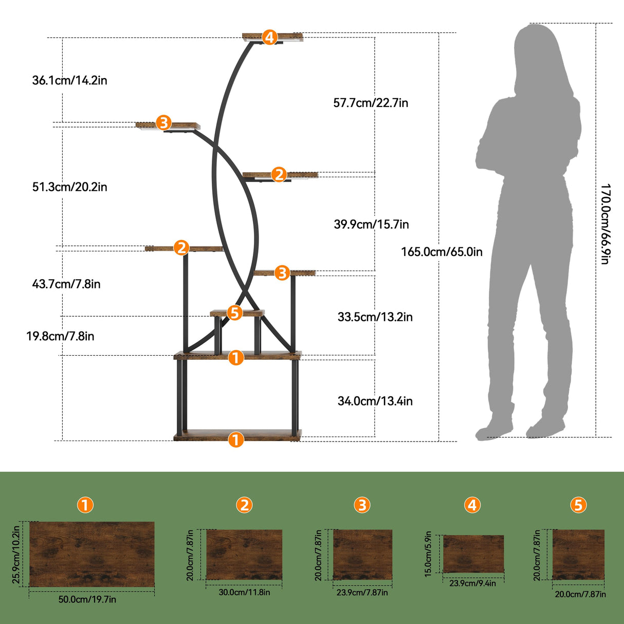 Tall Corner Shelf Stand with LED Lights, 8 Tier Bookshelf for Living Room, 65" Black Display Shelf Storage Cabinet Metal Plant Stand, Standing Rack Shelves Cases for Home Decor, Bedroom, Office JUSTOGO