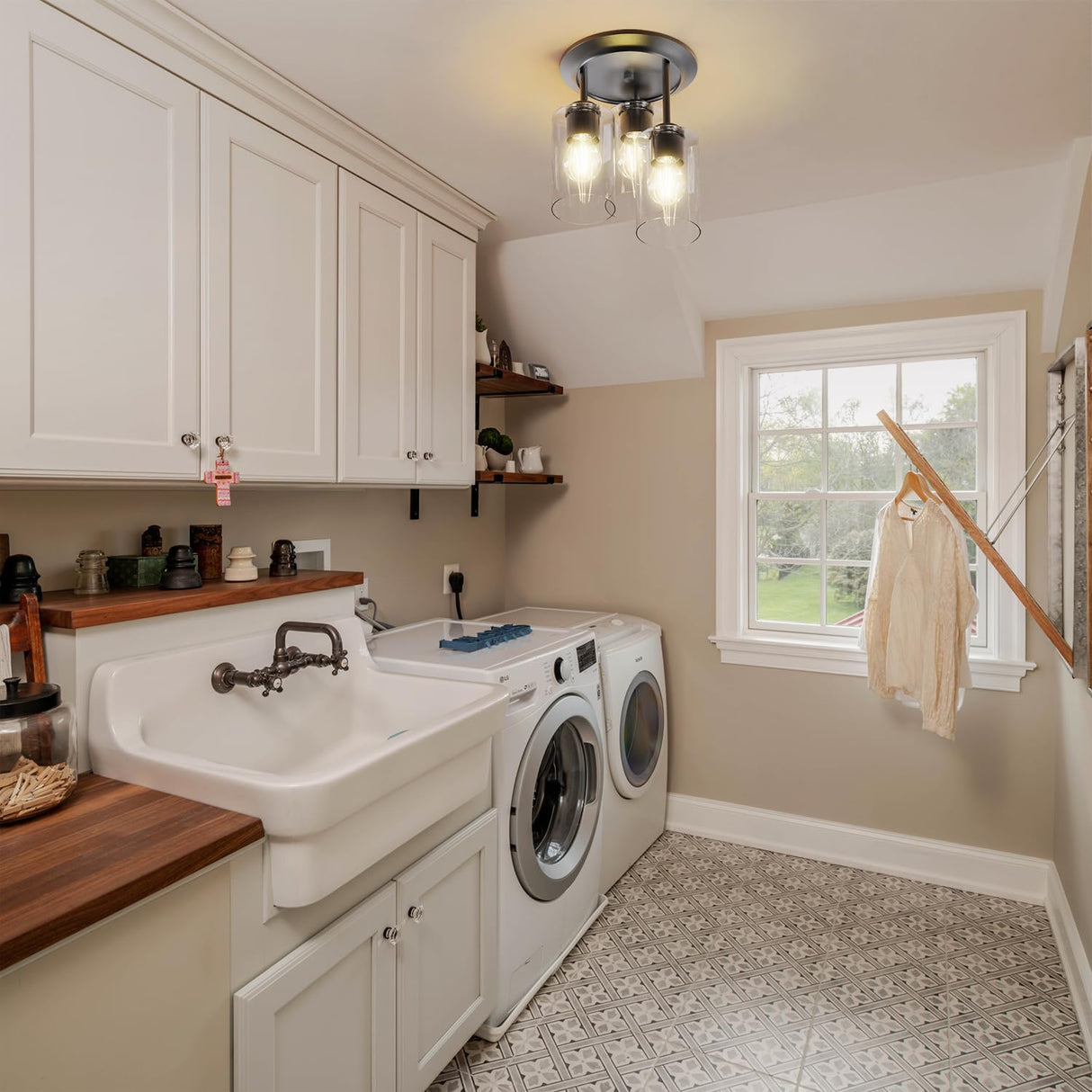 Kalium 3-Lights Semi Flush Mount Ceiling Light Fixture, Matte Black Light Fixtures, Ceiling Light for Kitchen, Foyer, Entryway, Farmhouse, Home Decor, Clear Glass Shade. Kalium