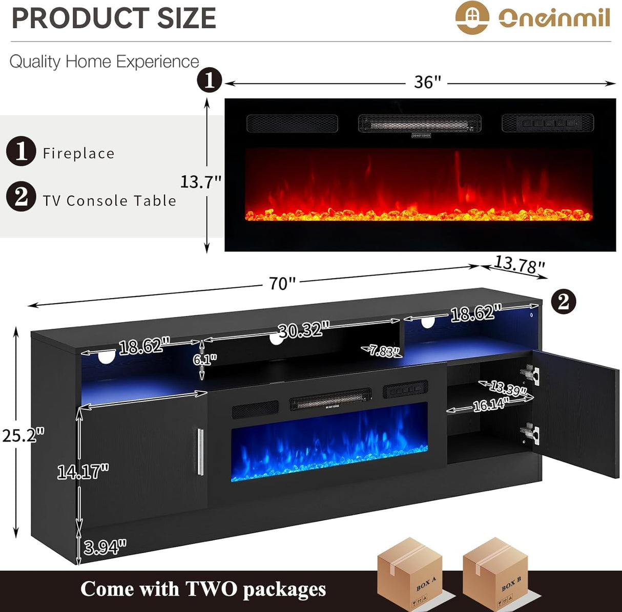 oneinmil 70" Fireplace TV Stand with Power Outlet for TVs Up to 80", Electric Fireplace Entertainment Center with LED Lights & Storage Cabinets, Media Console Table for Living Room, Black oneinmil