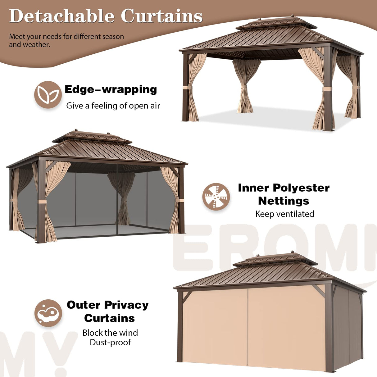 EROMMY 12' X 16' gazebos on Clearance, Hardtop Gazebo Aluminum Gazebos with Galvanized Steel Double Roof for Patio Lawn and Garden, Curtains and Netting Included, Dark Bronze EROMMY