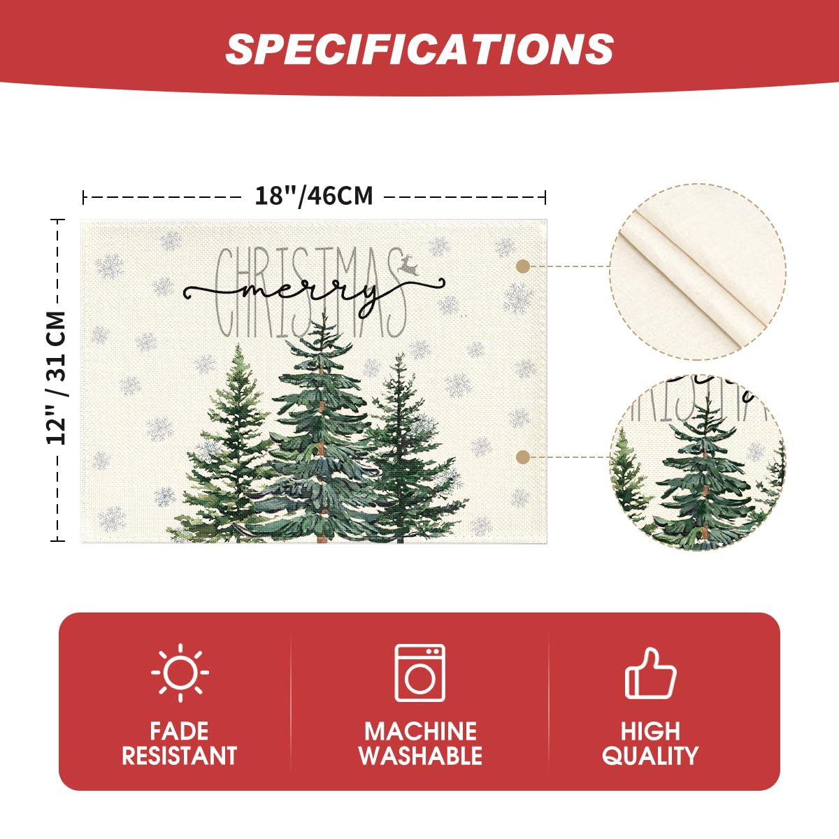 Artoid Mode Beige Pine Tree Snowflake Merry Christmas Placemats Set of 4, 12x18 Inch Seasonal Winter Xmas Holiday Table Mats for Party Kitchen Dining Decoration Artoid Mode