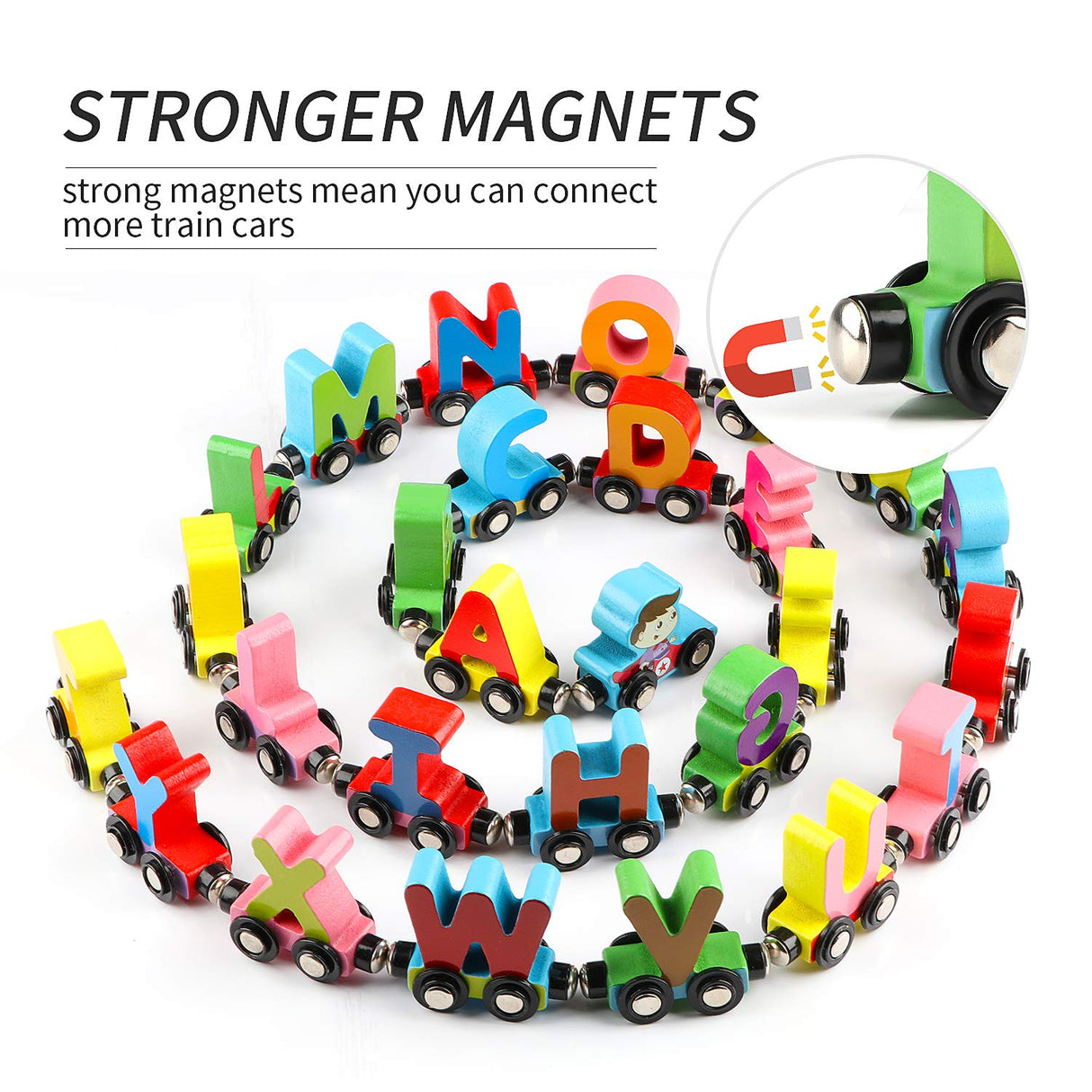 Wooden Alphabet Train Toy 27 PCS Magnetic Alphabet ABC Set Includes 1 Engine and 1 Storage Box Letter Cars for Toddlers Kids Boys and Girls, Compatible with Tracks Wondertoys