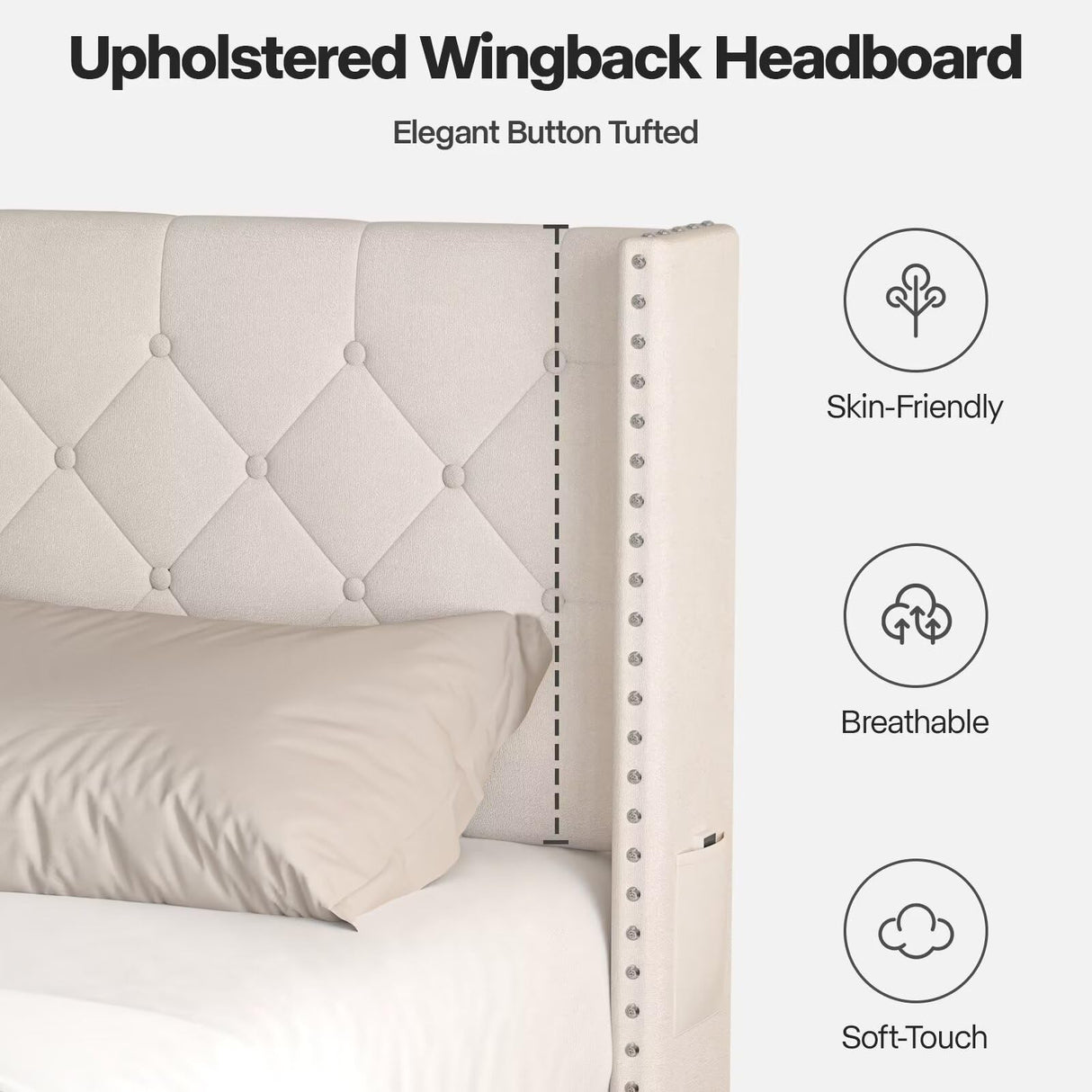 Lihimte Queen Size Bed Frame with Led Lights, Upholstered Velvet Platform Bed Frames with Button Tufted Wingback Headboard and Footboard, Wooden Slats Support, No Box Spring Needed, Beige Lihimte