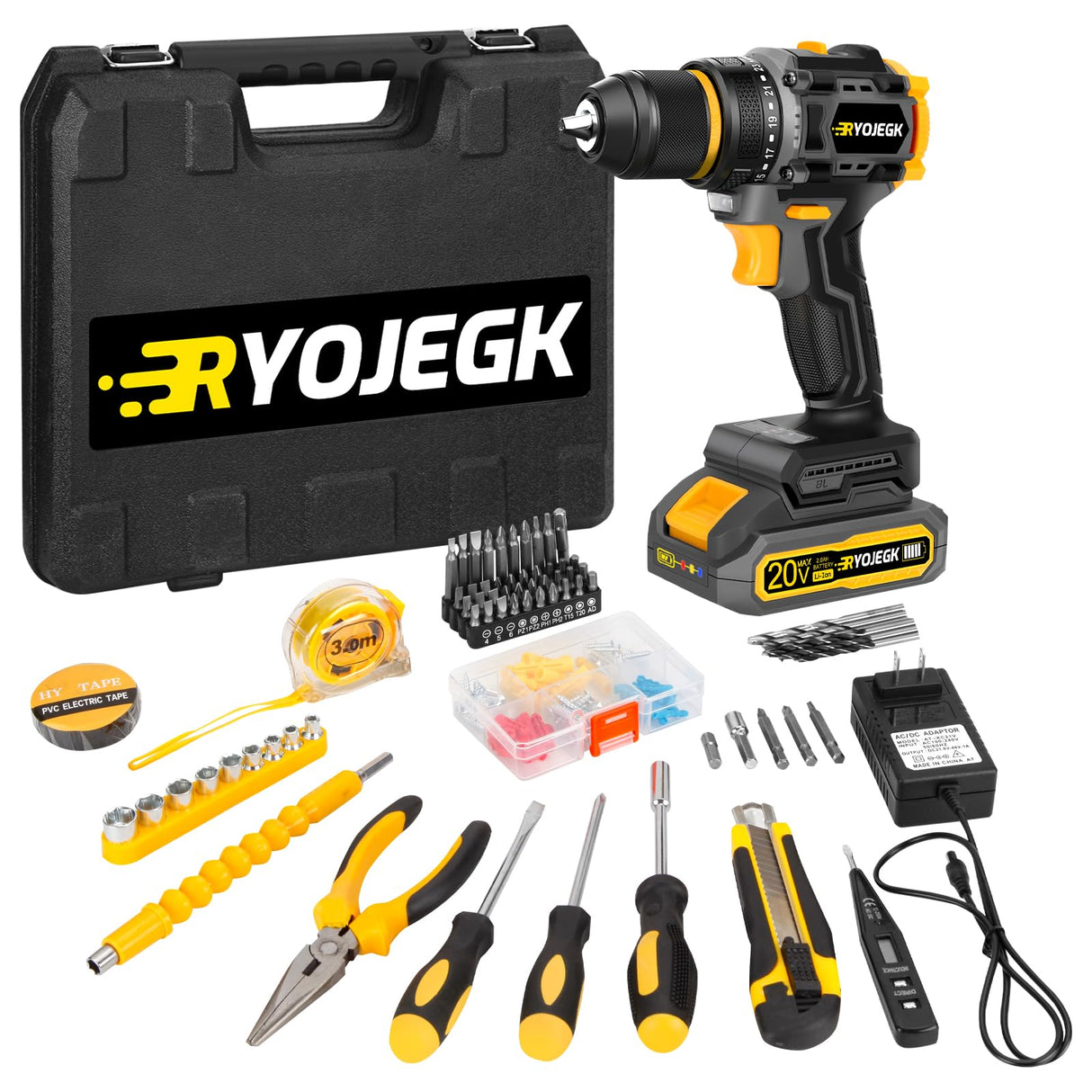 Compact Brushless Power Drill Set,60N.m Cordless Drill Tool Box with 2 Battery & 3/8”Keyless Metal Self-locking Chuck,138Pcs Men Handheld Tool Drill Set,Taladro Inalámbrico for Home Repair Set Drill RYOJEGK